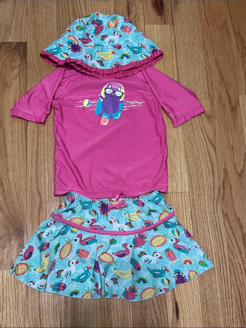 Girls' Pink Swim Rash Guard Set with Tropical Print Skirt & Sun Hat